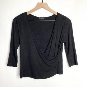 Y2K Timing Black Faux Wrap Crop Top Size Large 3/4 Sleeve
